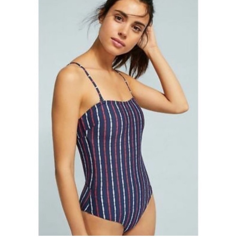 Onia Navy Blue Striped One-Piece Swimsuit with Red and White Stripes
